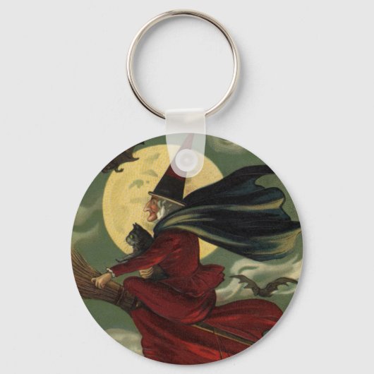  Halloween Witch Riding Broomstick met kat Sleutelhanger (Voorkant)