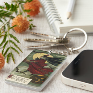  Halloween Witch Riding Broomstick met kat Sleutelhanger