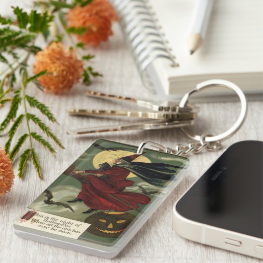  Halloween Witch Riding Broomstick met kat Sleutelhanger (Voorkant Rechts)