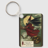 Halloween Witch Riding Broomstick met kat Sleutelhanger (Voorkant)
