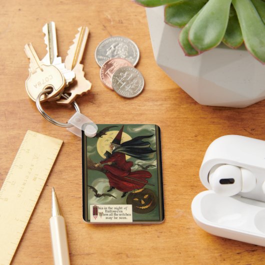 Halloween Witch Riding Broomstick met kat Sleutelhanger (Bureau)