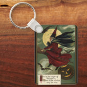 Halloween Witch Riding Broomstick met kat Sleutelhanger (Voorkant)
