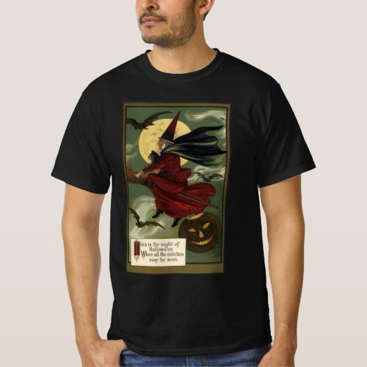  Halloween Witch Riding Broomstick met kat T-shirt (Voorkant)