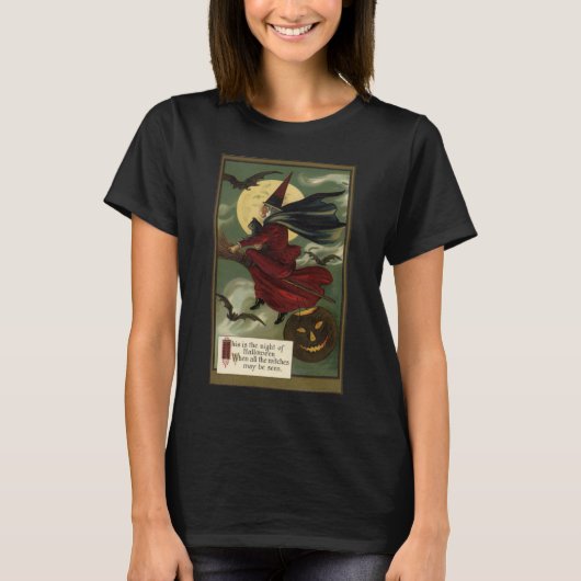 Halloween Witch Riding Broomstick met kat T-shirt (Voorkant)