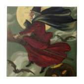  Halloween Witch Riding Broomstick met kat Tegeltje (Voorkant)