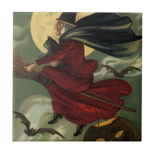  Halloween Witch Riding Broomstick met kat Tegeltje (Voorkant)