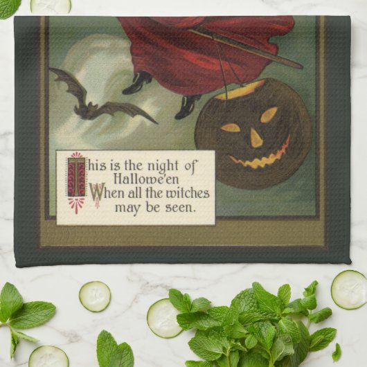  Halloween Witch Riding Broomstick met kat Theedoek (Gevouwen)