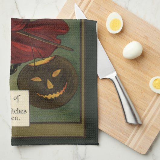  Halloween Witch Riding Broomstick met kat Theedoek (Quarter Fold)