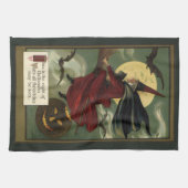 Halloween Witch Riding Broomstick met kat Theedoek (Horizontaal)