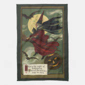  Halloween Witch Riding Broomstick met kat Theedoek (Verticaal)