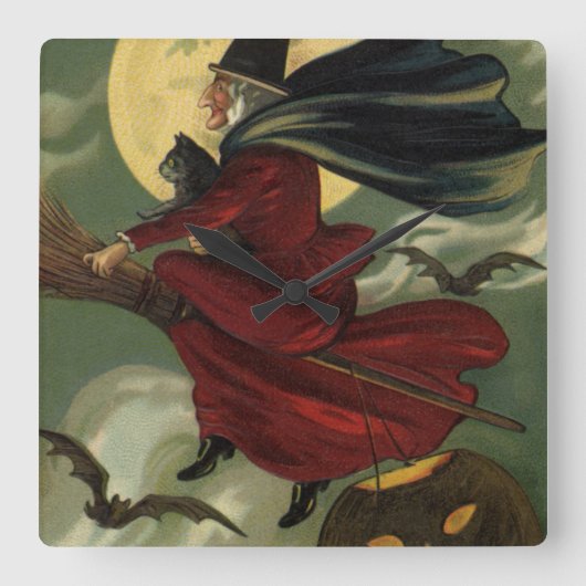 Halloween Witch Riding Broomstick met kat Vierkante Klok (Voorkant)