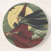  Halloween Witch Riding Broomstick met kat Zandsteen Onderzetter (Voorkant)