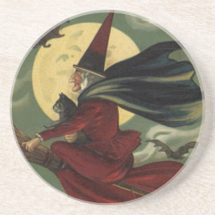 Halloween Witch Riding Broomstick met kat Zandsteen Onderzetter