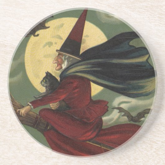  Halloween Witch Riding Broomstick met kat Zandsteen Onderzetter (Voorkant)