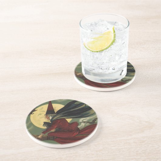  Halloween Witch Riding Broomstick met kat Zandsteen Onderzetter (Zijkant)