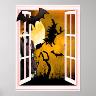 Halloween Witch Silhouette Window Uitzicht Poster