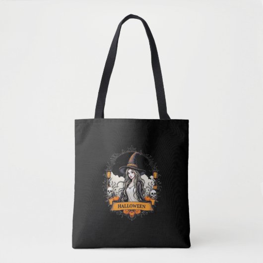 Halloween Witch & Skull Canvas tas (Voorkant)
