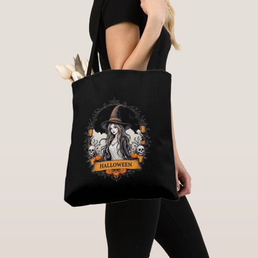 Halloween Witch & Skull Canvas tas (Dichtbij)