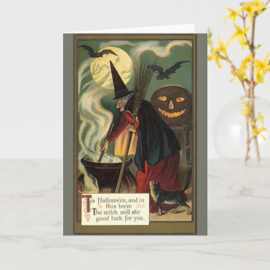  Halloween Witch Stirring Magic Cauldron Kaart (Gele Bloem)