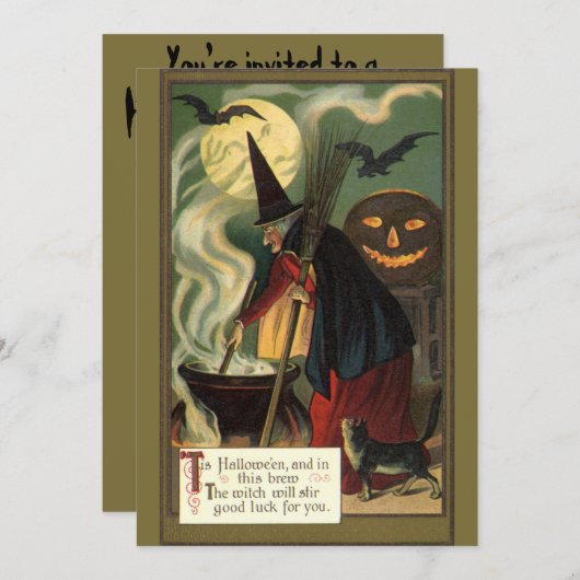 Halloween Witch Stirring Magic Cauldron Kaart (Voorkant / Achterkant)