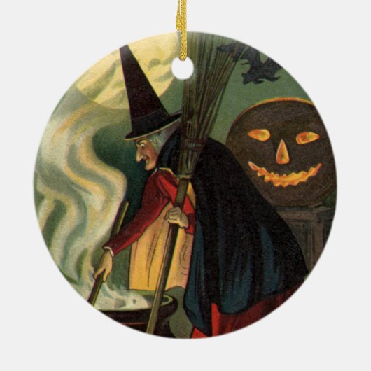 Halloween Witch Stirring Magic Cauldron Keramisch Ornament (Achterkant)