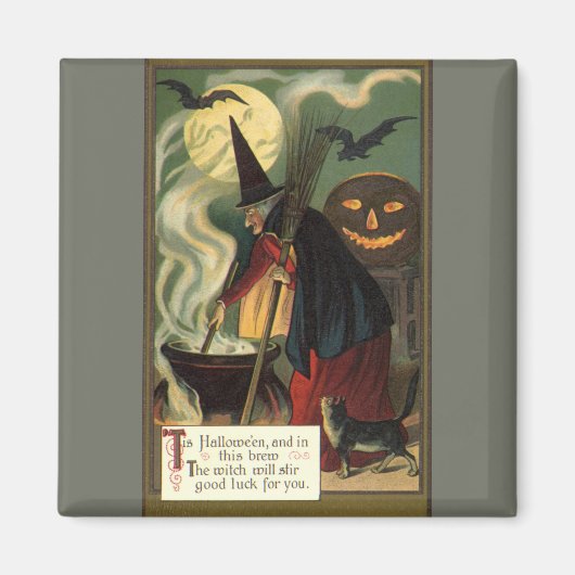  Halloween Witch Stirring Magic Cauldron Magneet (Voorkant)