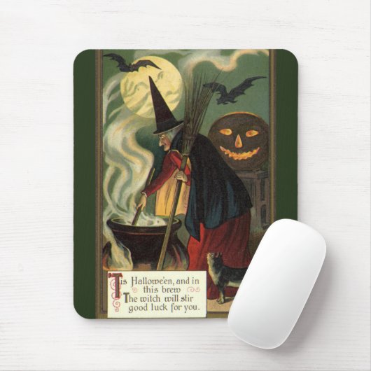 Halloween Witch Stirring Magic Cauldron Muismat (Met muis)