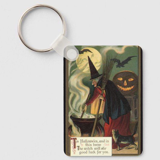 Halloween Witch Stirring Magic Cauldron Sleutelhanger (Voorkant)