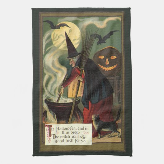  Halloween Witch Stirring Magic Cauldron Theedoek (Verticaal)