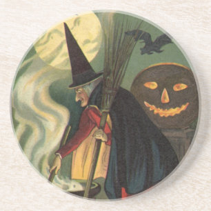 Halloween Witch Stirring Magic Cauldron Zandsteen Onderzetter