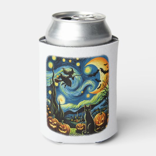 Halloween Witch Van Gogh Sterrennacht Black Cat Pu Blikjeskoeler (Blikje Voorkant)