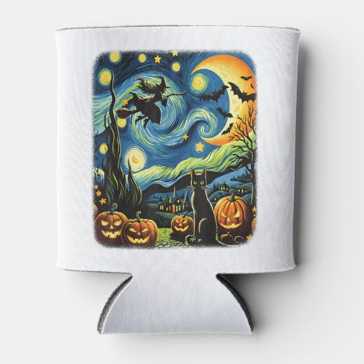 Halloween Witch Van Gogh Sterrennacht Black Cat Pu Blikjeskoeler (Voorkant)
