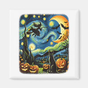 Halloween Witch Van Gogh Sterrennacht Black Cat Pu Magneet