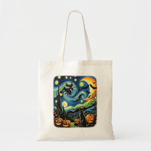Halloween Witch Van Gogh Sterrennacht Black Cat Pu Tote Bag (Voorkant)