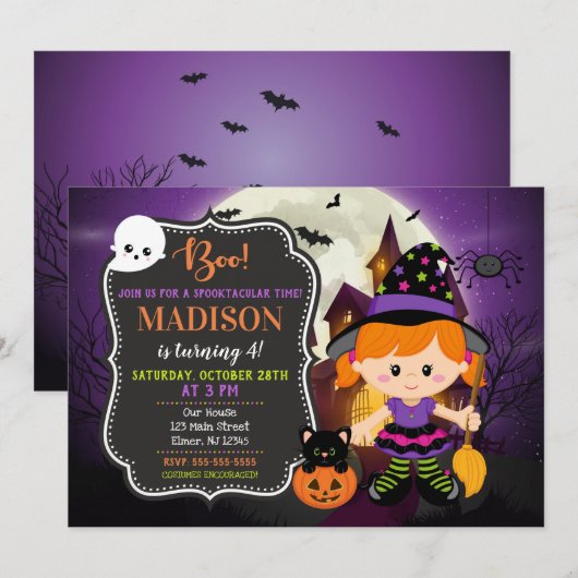 Halloween Witch Verjaardag Uitnodiging (Voorkant / Achterkant)