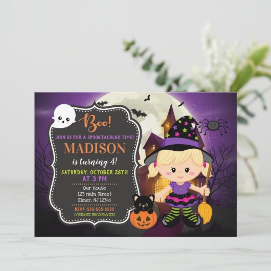 Halloween Witch Verjaardag Uitnodiging (Staand voorkant)