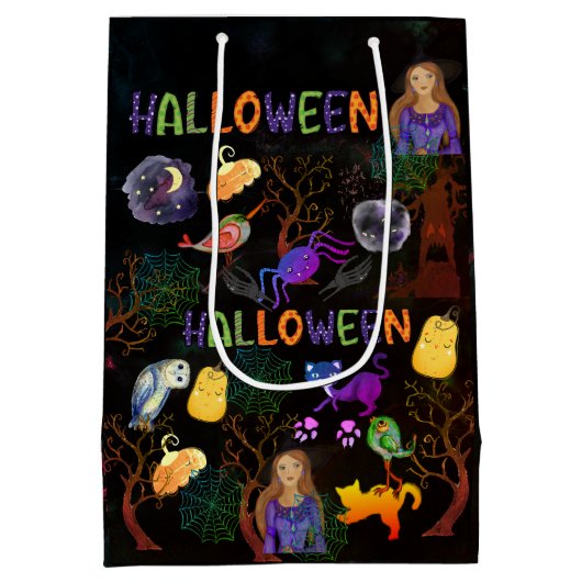 Halloween Witch Verjaardagsfeestje Zwart Medium Cadeauzakje (Achterkant)