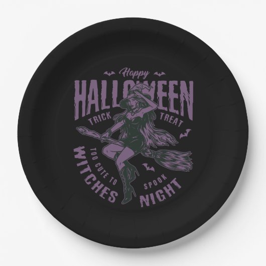 Halloween Witch Vliegen op Bezem Papier Bord - Wit (Voorkant)