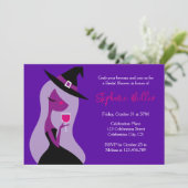 Halloween Witch Vrijgezellenfeest Wijn Roze Paarse Kaart (Staand voorkant)