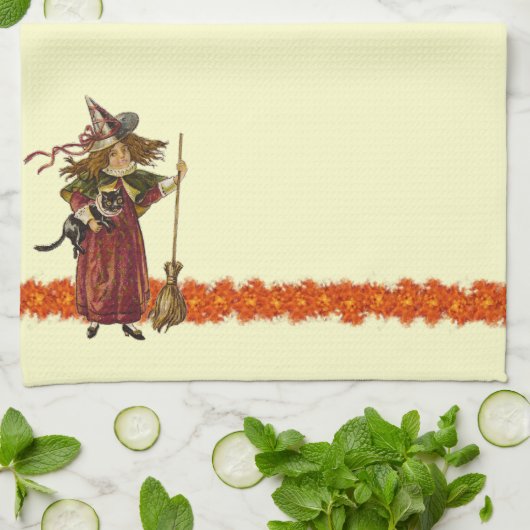  Halloween Witch w Cat Towels Theedoek (Gevouwen)