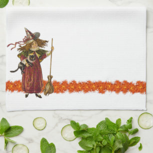  Halloween Witch w Cat Towels Theedoek