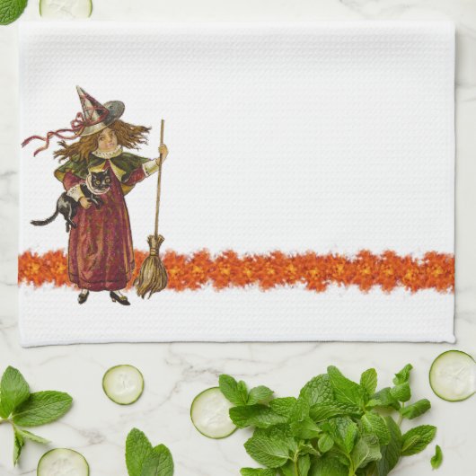  Halloween Witch w Cat Towels Theedoek (Gevouwen)