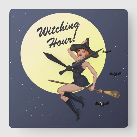 Halloween Witch Wall Clock Vierkante Klok (Voorkant)