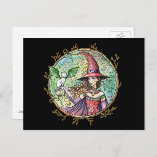 Halloween Witch White Cat Briefkaart (Voorkant / Achterkant)