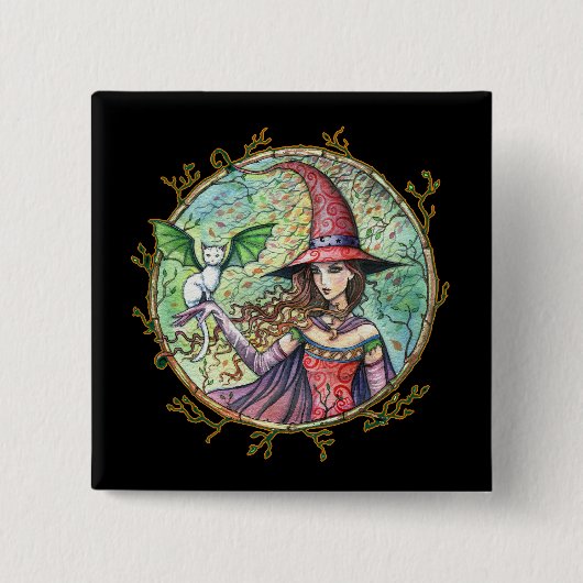 Halloween Witch White Cat Pin Button (Voorkant)