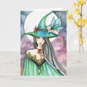 Halloween Witch Winged Cat Kaart (Gele Bloem)