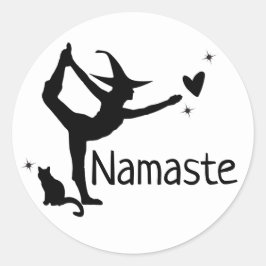 Halloween Witch Wit Zwarte Kat Yoga Namaste Fun Ronde Sticker