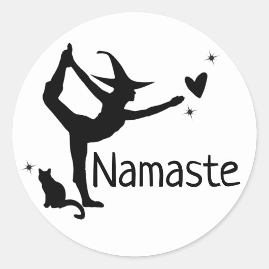 Halloween Witch Wit Zwarte Kat Yoga Namaste Fun Ronde Sticker (Voorkant)