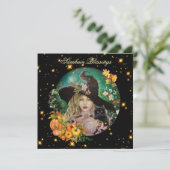 Halloween witch with black kitten greeting card kaart (Staand voorkant)