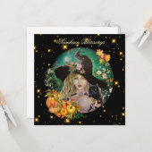 Halloween witch with black kitten greeting card kaart (Voorkant / Achterkant in situ)